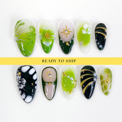 Green 3D flower chrome almond press on nails - RTS