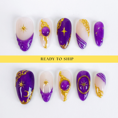 Purple cat eye gold chrome press on nails - RTS