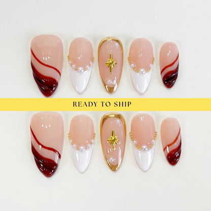 Brown fall golden chrome with pearl press on nails - RTS