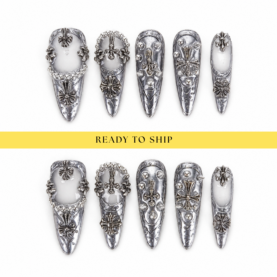 Gothic silver chrome 3D punk press on nails RTS PO149