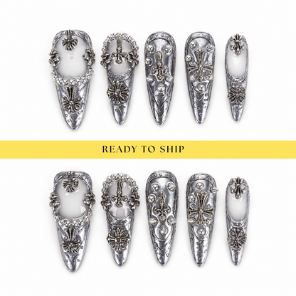 Gothic silver chrome 3D punk press on nails RTS PO149
