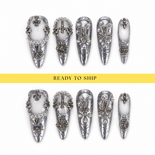 Gothic silver chrome 3D punk press on nails RTS PO149