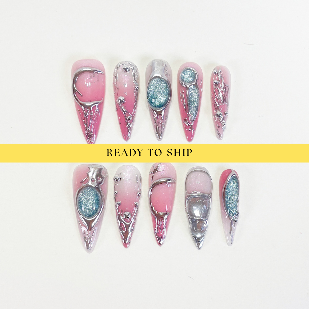 Pink ombre y2k galaxy silver chrome long stiletto press on nails RTS PO108