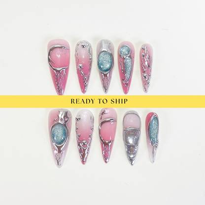 Pink ombre y2k galaxy silver chrome long stiletto press on nails RTS PO108