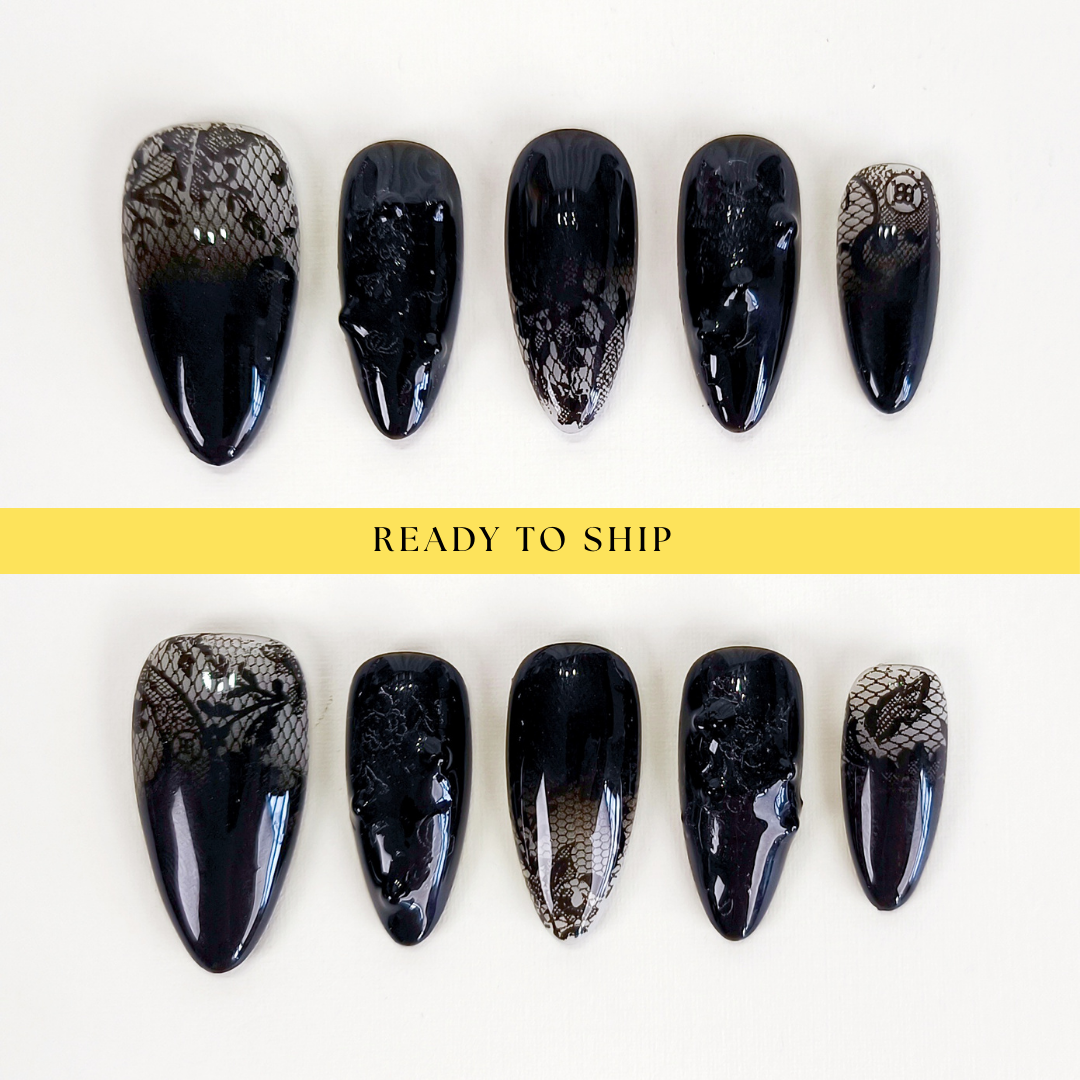 Black ombre lace flower press on nails - RTS