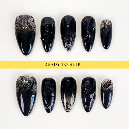 Black ombre lace flower press on nails - RTS