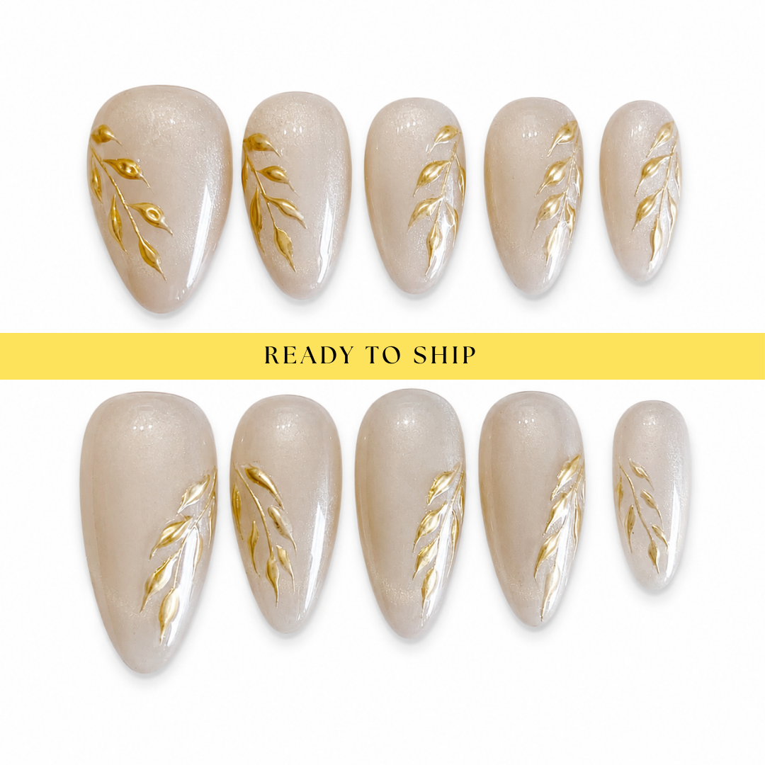 Cat eye gold chrome flower press on nails - RTS