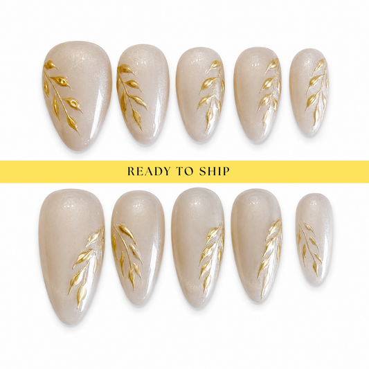 Cat eye gold chrome flower press on nails - RTS