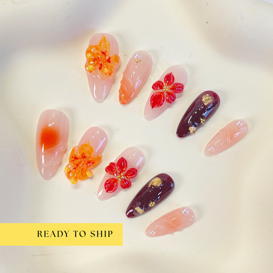 Autumn brown 3D red flower almond press on nails - RTS