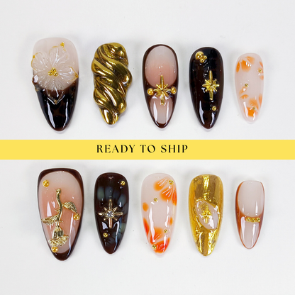 Autumn 3D flower with gold chrome press on nails - RTS