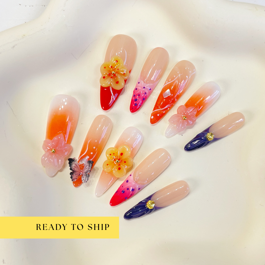 Hibiscus tropical 3D flower long almond press on nails - RTS
