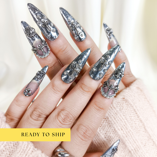 3D Silver Chrome Gothic Stiletto Press On Nails- RTS