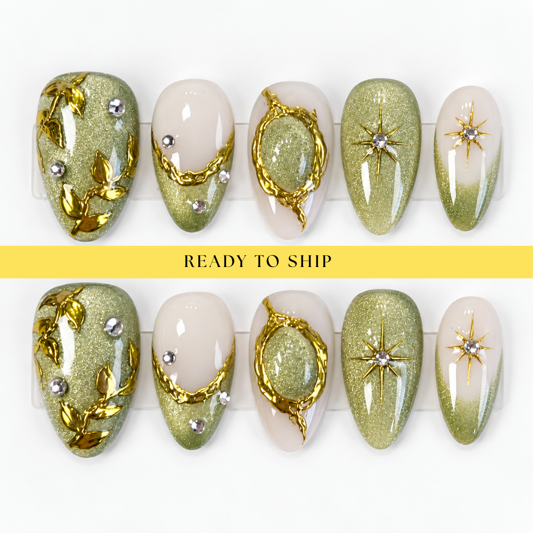 Jade cat eye gold chrome short almond press on nails PO166 - RTS