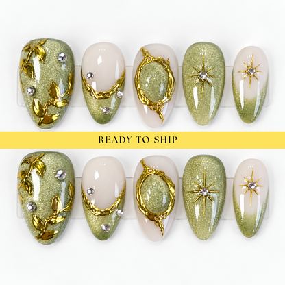 Jade cat eye gold chrome short almond press on nails PO166 - RTS