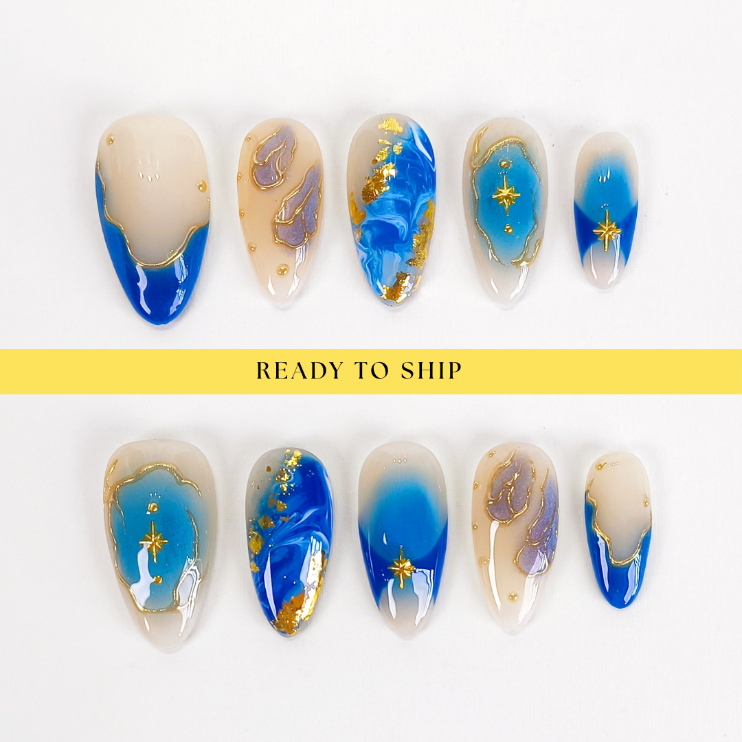 Blue ombre with gold chrome press on nails - RTS