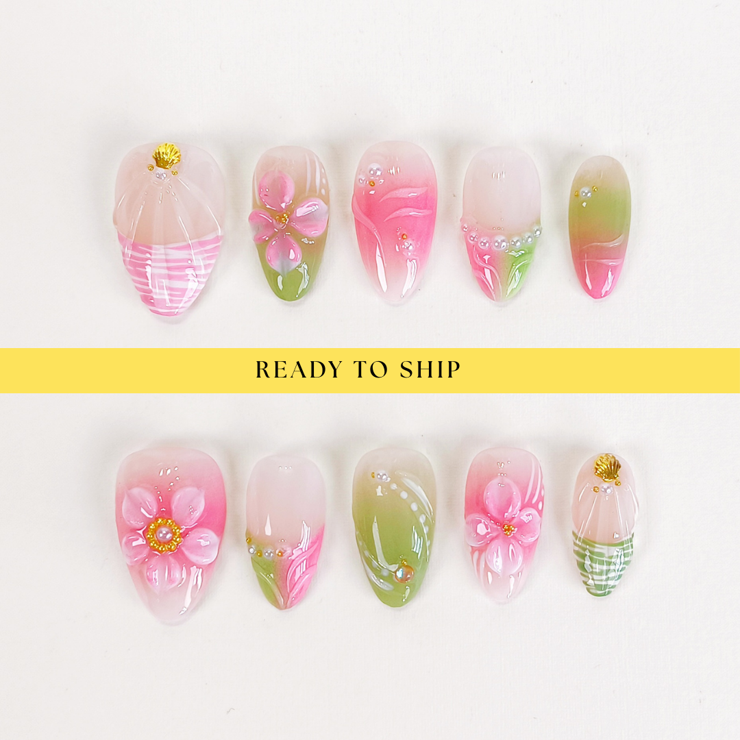 Pink & Green 3D Flower Short Almond Press on Nails - RTS