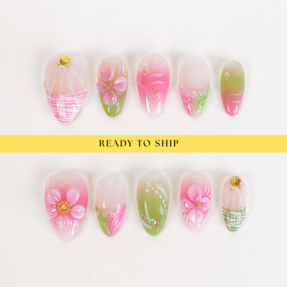 Pink & Green 3D Flower Short Almond Press on Nails - RTS