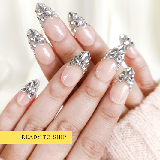 Nude Rhinestone Silver Crystal Press On Nails - RTS