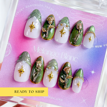 Emerald green cat eye with 3D gold charm press on nails - RTS