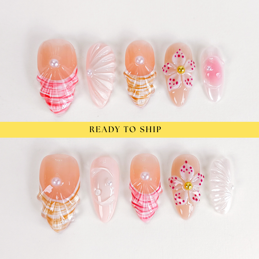 Cute Pink 3D Flower Seashell Press On Nails - RTS