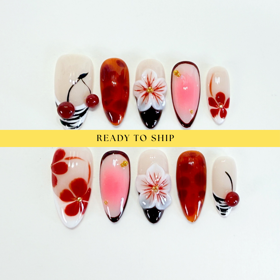 Red cherry 3D floral autumn press on nails - RTS