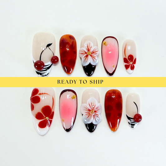 Red cherry 3D floral autumn press on nails - RTS
