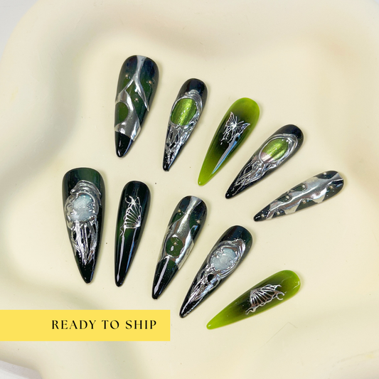 Green gothic cyberpunk y2k long stiletto press on nails - RTS