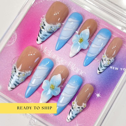 Sky blue ombre white flower animal print stiletto press on nails - RTS