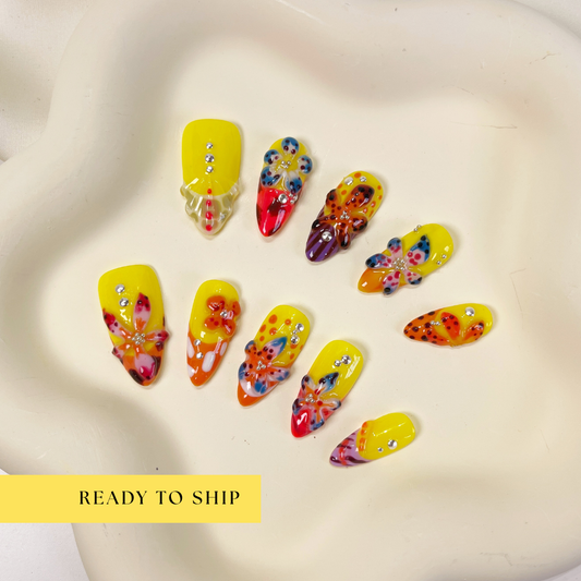 Neon yellow colorful tropical orchid flower almond press on nails - RTS