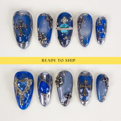 Blue Cat Eye with Silver Chrome Gothic Almond Press On Nails - RTS