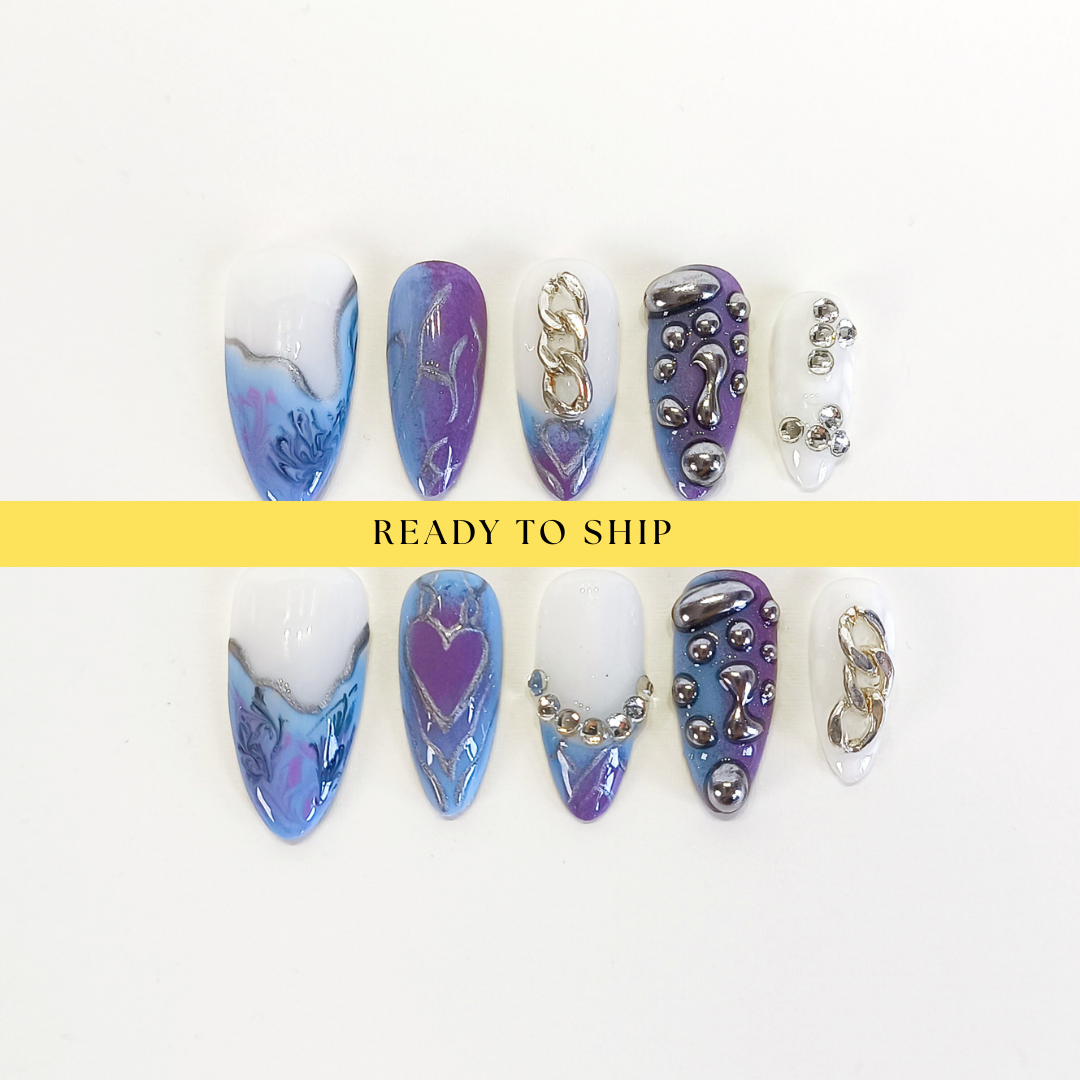 Purple Blue 3D silver chrome with chain press on nails - RTS