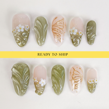 Green Cat Eye Butterlfy Floral Press On Nails - RTS