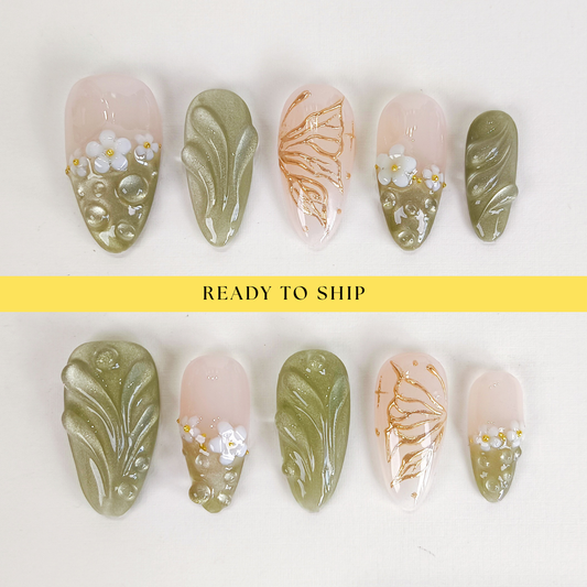 Green Cat Eye Butterlfy Floral Press On Nails - RTS