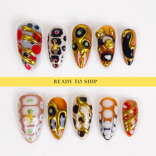 Y2K Gold Chrome Retro Abstract Press On Nails - RTS