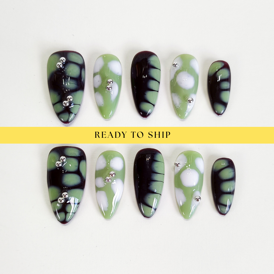 Brown & green abstract press on nails - RTS