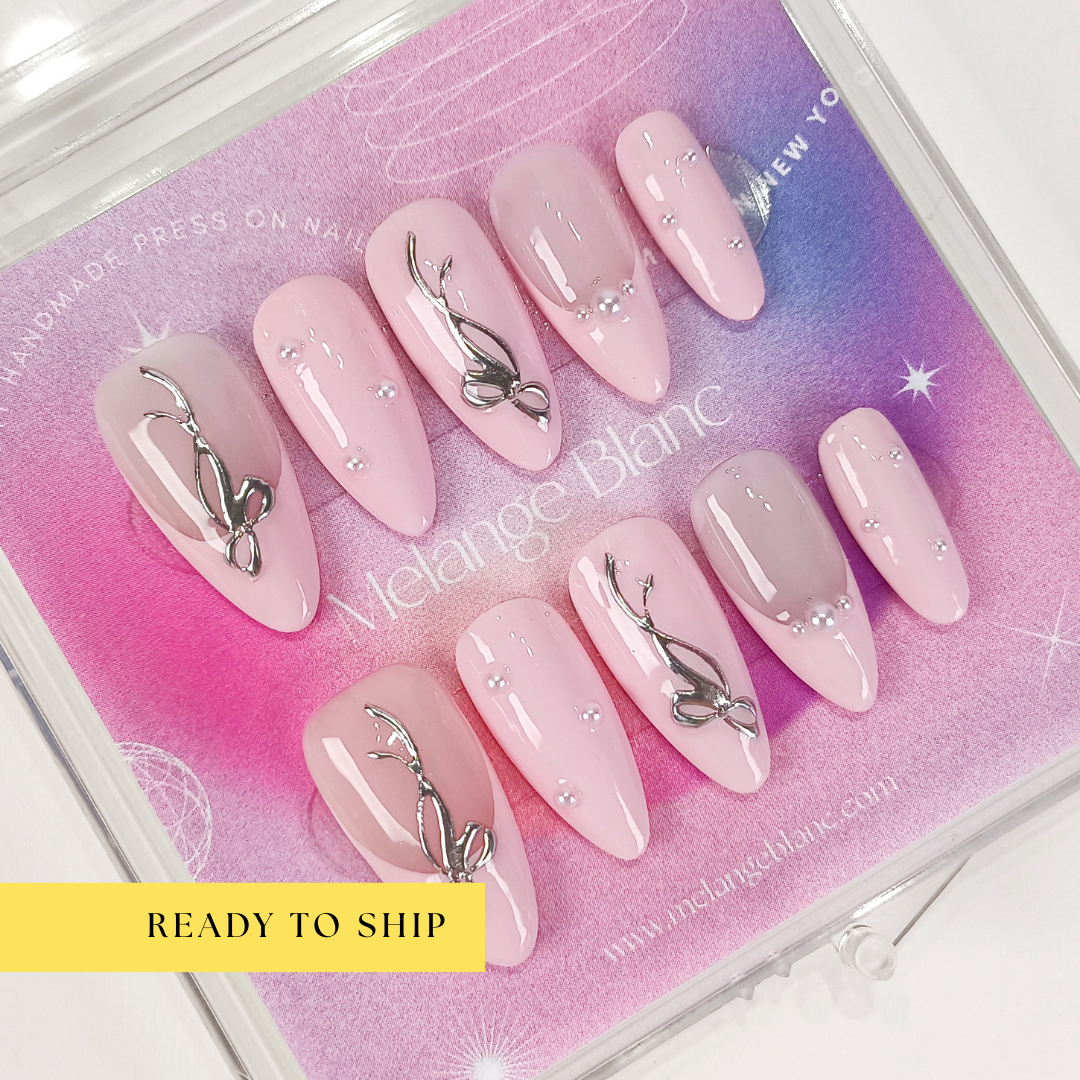 Pink french tips & silver bow pearl press on nails - RTS