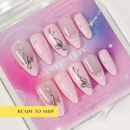 Pink french tips & silver bow pearl press on nails - RTS