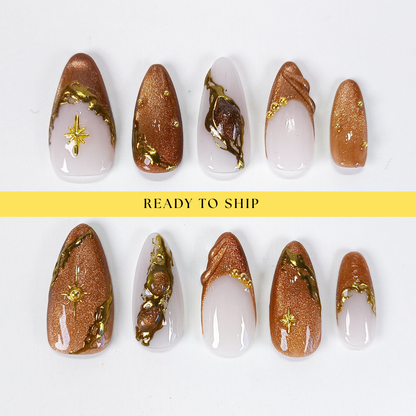Brown cat eye gold chrome Y2K press on nails - RTS