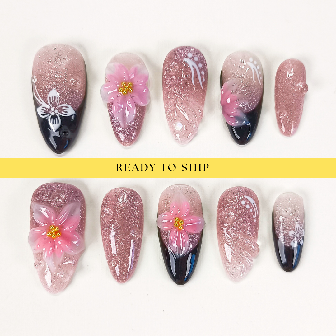Pink cat eye 3d flower with black french tips press on nails - RTS