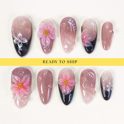 Pink cat eye 3d flower with black french tips press on nails - RTS