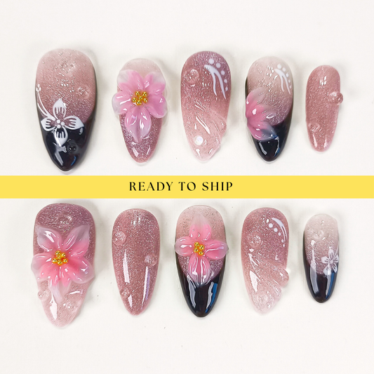 Pink cat eye 3d flower with black french tips press on nails - RTS