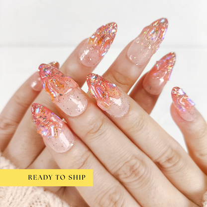 Red ombre tips & glitter crystal aurora press on nails - RTS