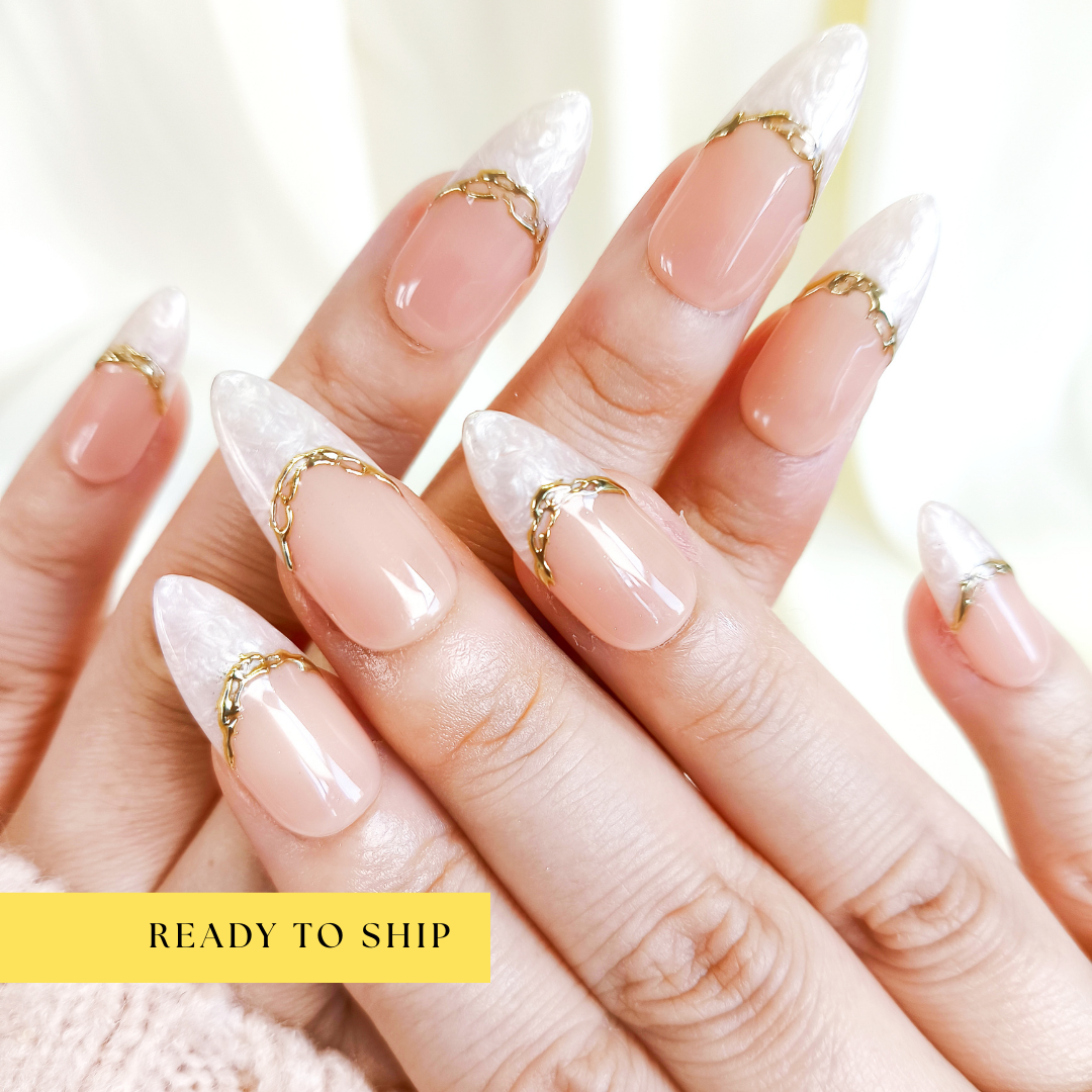 White marble gold chrome almond press on nails - RTS