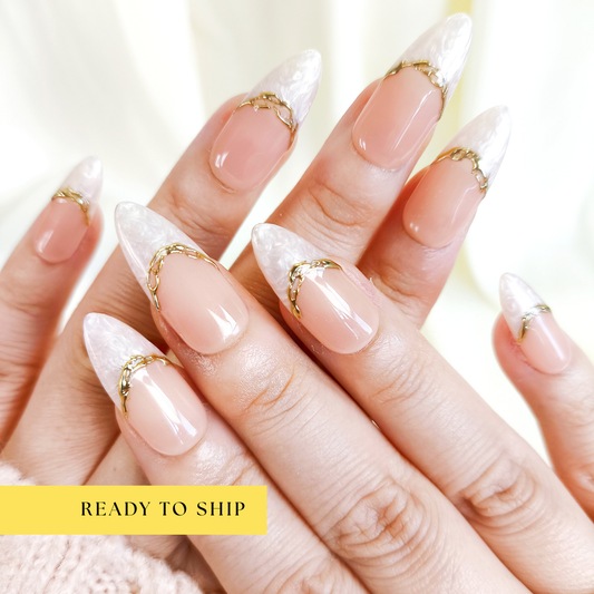 White marble gold chrome almond press on nails - RTS