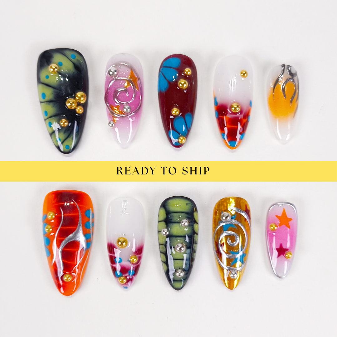 Abstract Y2K chrome star press on nails PO158 - RTS