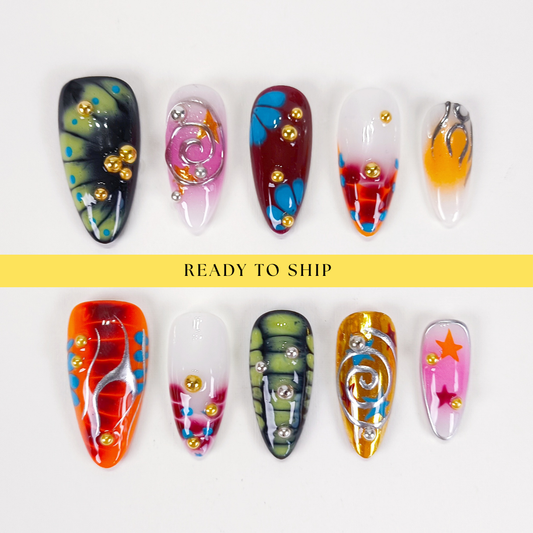Abstract Y2K chrome star press on nails PO158 - RTS