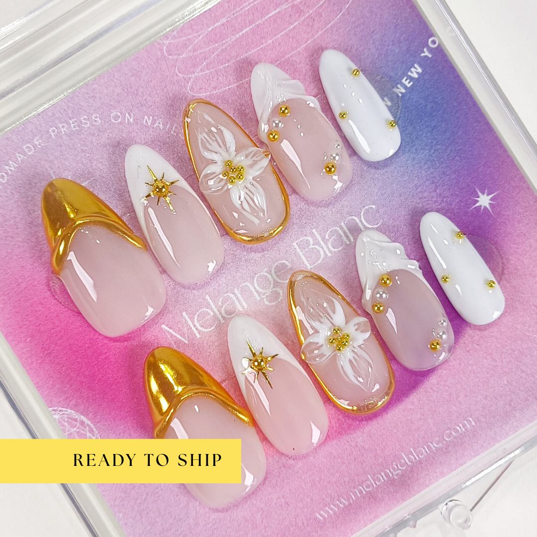 White french tip flower & gold chrome press on nails - RTS