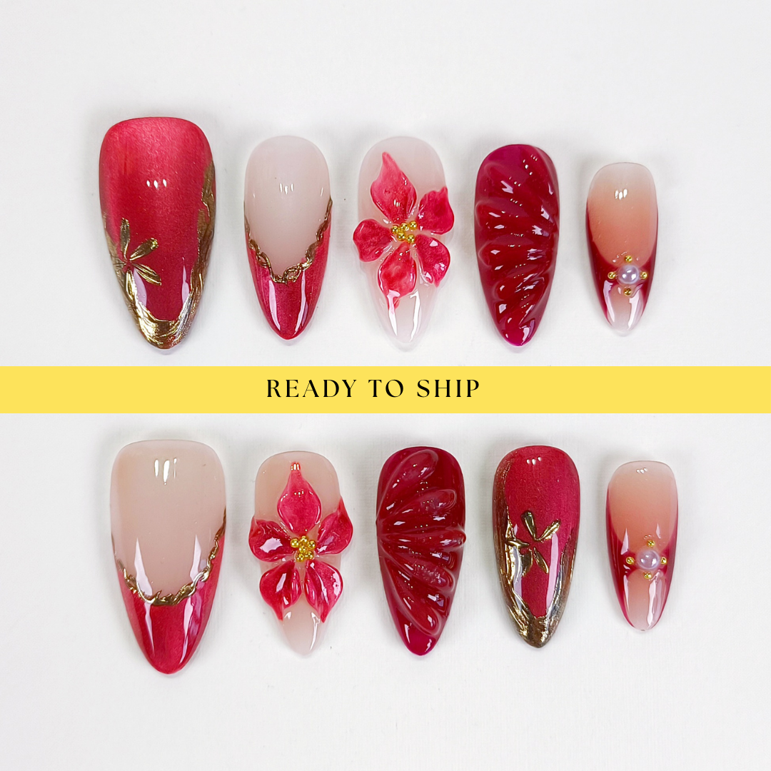 Red flower cat eye chrome press on nails - RTS
