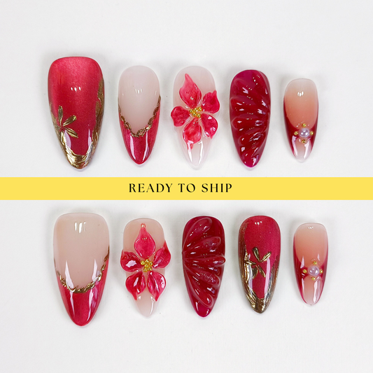 Red flower cat eye chrome press on nails - RTS