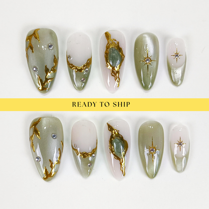Jade cat eye gold chrome star Y2K press on nails - RTS